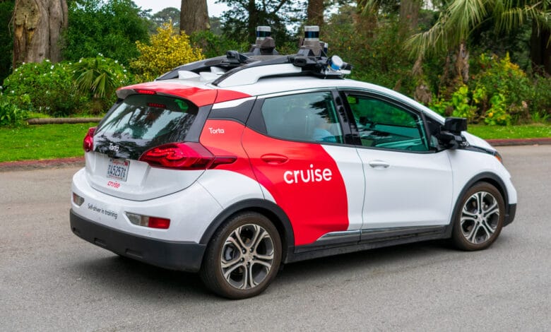 Self-driving Chevrolet Bolt by Cruise Automation undergoing testing in San Francisco. The vehicle is equipped with numerous Velodyne LiDAR sensors