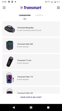 Tronsmart App mit Auswahl des Bluetooth Speakers