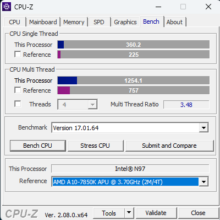 Benchmarkergebnisse CPU-Z im Vergleich zu benachbarten CPU im Benchmark