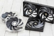 Drei Thermaltake Toughfan EX14 Pro mit Lüfterblättern zum Wechseln