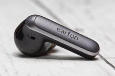 EarFun logo on an earphone